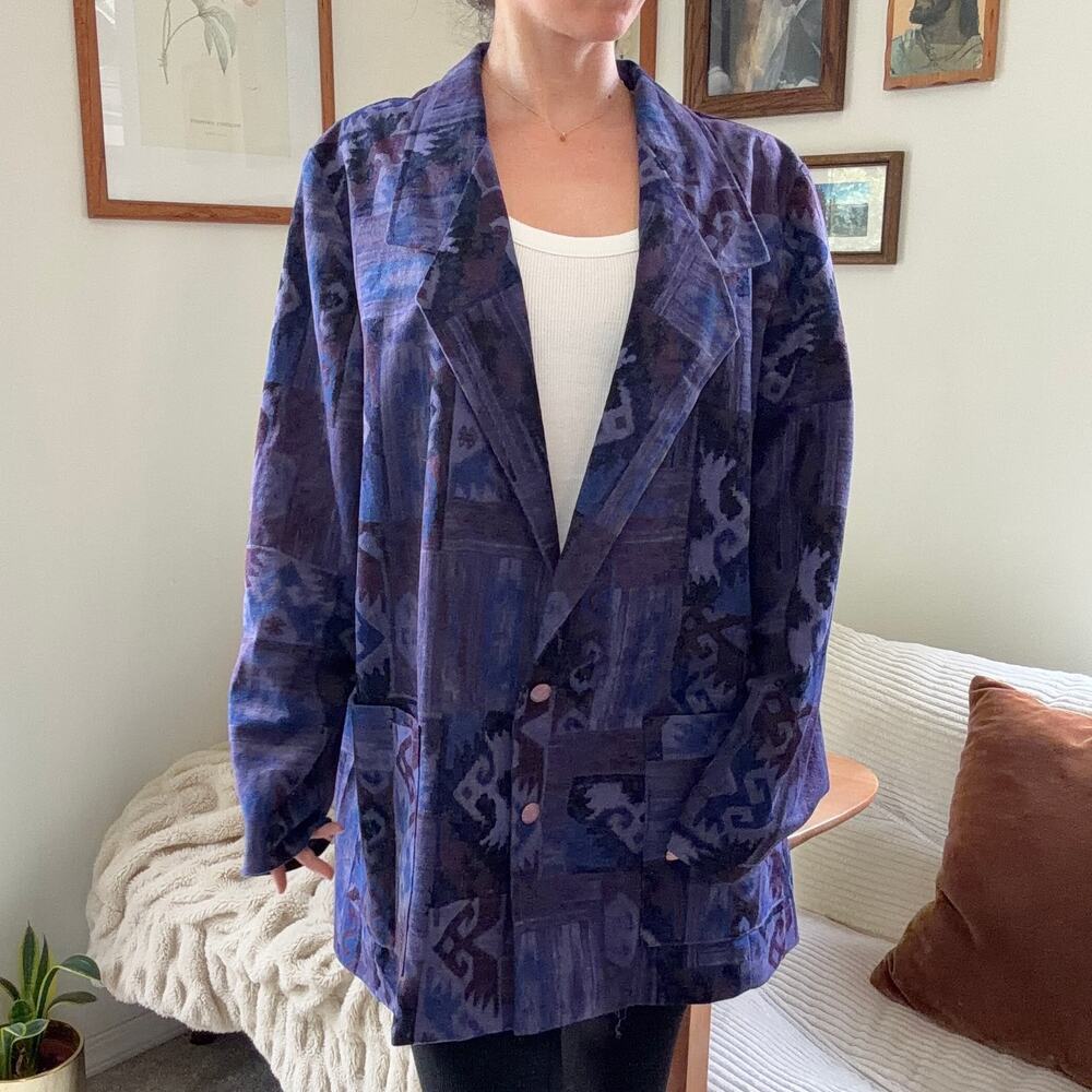 Vintage Purple 90s Velour Patchwork Blazer Jacket Size Large (14)